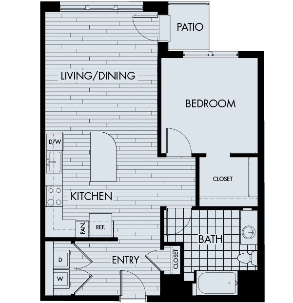 Floor plan 1F. A one bedroom, one bath floor plan at The York on City Park Apartments in City Park West.
